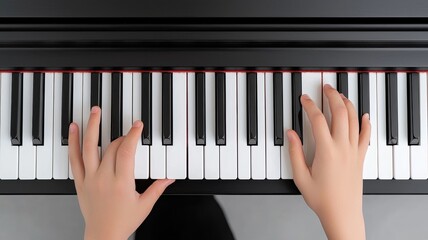 Top-down view of a child's hands on a piano keyboard, capturing the moment of learning or practicing music.