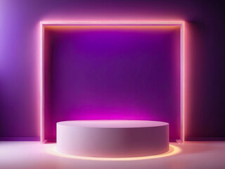 Obraz premium Illuminated Cylindrical Pedestal in Purple Room with Neon Frame