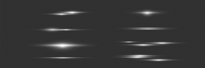 
Set of white horizontal lines, beam light effect. On a transparent background.