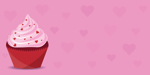 Valentine's day cupcake on side background with hearts.