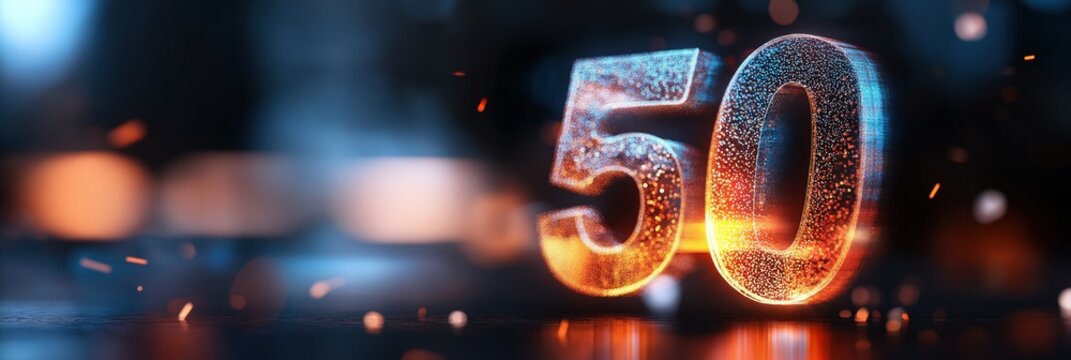 A glowing representation of the number 50 made from sparkling textures, radiating vibrant colors, symbolizing celebration and significant milestones in life.