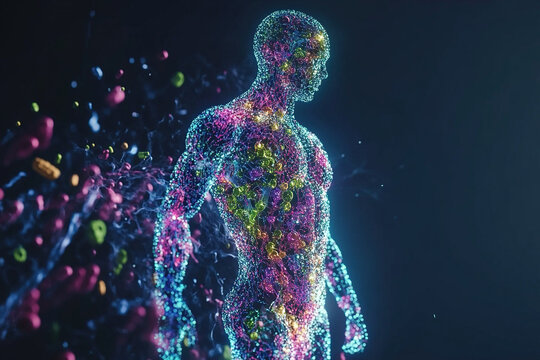 Silhouette of the human body consisting of cells, tissues, organs and microorganisms. Human microbiome. Generated by artificial intelligence