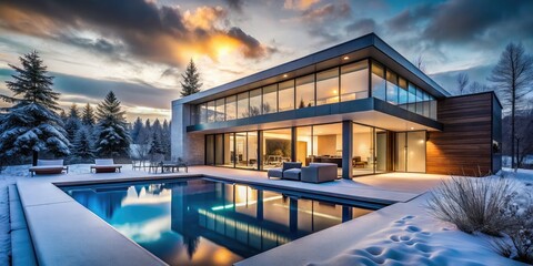Fototapeta premium Contemporary minimalist home showcasing a winter pool, expansive glass windows, and candid photography, highlighting design elegance and the beauty of natural light.