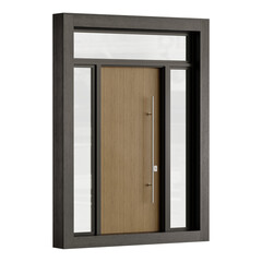 A wooden door with a glass panel in the middle