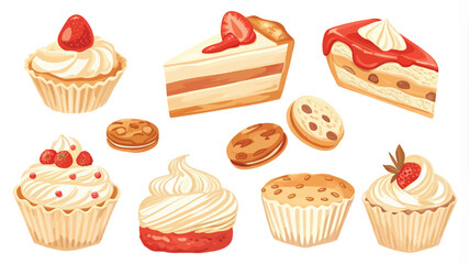 Set of different types of cakes. Vector illustration in cartoon style.