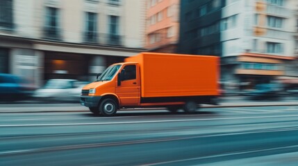 Orange Delivery Truck in Urban Motion
