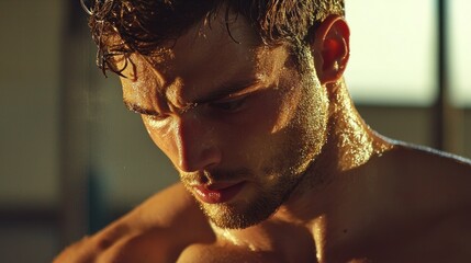 Focused man glistening in warm golden light, intense.
