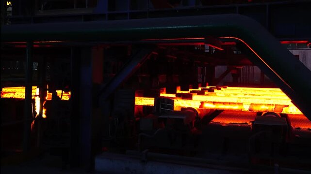 Iron foundry. Continuous casting machine. Production of steel billets. Continuous casting machine with blow torch working. hot steel on conveyor in steel mill. Steel Billets at Torch Cutting