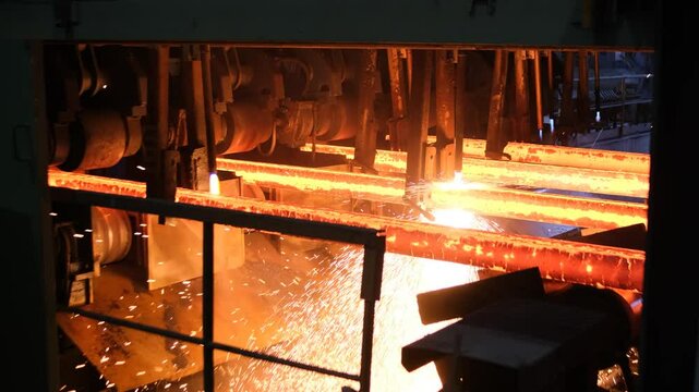 Steel Billets at Torch Cutting. Continuous casting machine. Production of steel billets. Continuous casting machine with blow torch working. hot steel on conveyor in steel mill.
