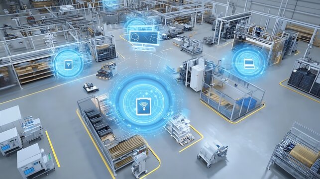 Edge computing devices integrated with industrial IoT sensors on a factory floor 