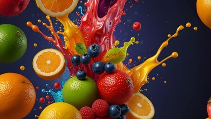 Juice fruit mix splash. Isolated vector vibrant fruity eruption, colorful splashing, realistic refreshing blend of citrus, berries, and tropical flavors. Delightful explosion of taste and Generative A