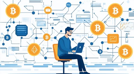 A clean flat design of a blockchain developer working on a laptop with digital diagrams and blockchain nodes in the background