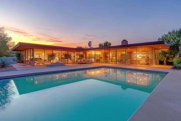Fototapeta premium Modern Home with Pool at Sunset
