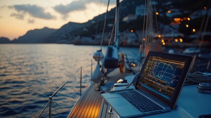 As the sun sets over the horizon, a laptop appears on the deck of a yacht anchored off a stunning coastline displaying navigation data.