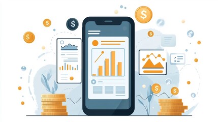 A clean  flat design smartphone interface showcasing real time advertising analytics and performance metrics through intuitive data visualizations  including charts  graphs  and financial icons