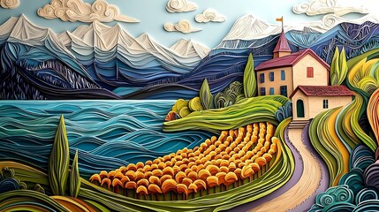 A colorful and layered paper cut artwork depicting a scenic landscape with a tranquil lake snow capped mountains lush vineyards and soft rolling waves along the shore