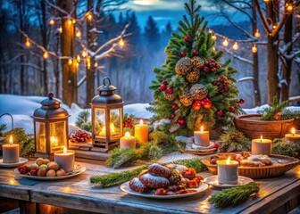 Fototapeta premium Create a festive ambiance in food photography using cozy winter decor like lanterns, wreaths, and lush pine arrangements for a delightful seasonal touch.