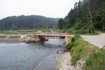 Fototapeta premium a small bridge over a river in southern Chile