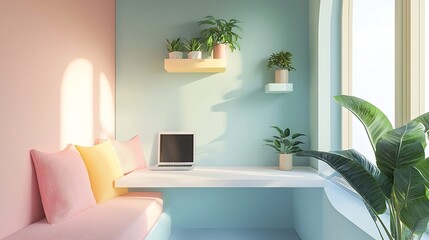 Fototapeta premium A cozy and inviting pastel inspired study area featuring a clean white desk pink cushions and wall mounted shelves displaying decorative potted plants for a calming and productive work environment