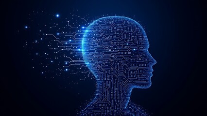 Big data and artificial intelligence concept. Machine learning and cyber mind domination concept in form of women face outline outline with circuit board and binary data flow on blue background.