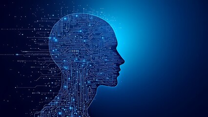 Obraz premium Big data and artificial intelligence concept. Machine learning and cyber mind domination concept in form of women face outline outline with circuit board and binary data flow on blue background.