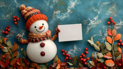 Festive Snowman Holding Blank Card with Autumnal Decor