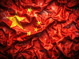 Obraz premium Crumpled Chinese flag set against a vibrant red backdrop, featuring a bokeh effect, symbolizes national identity, texture, and colorful aesthetics for cultural and artistic expression.