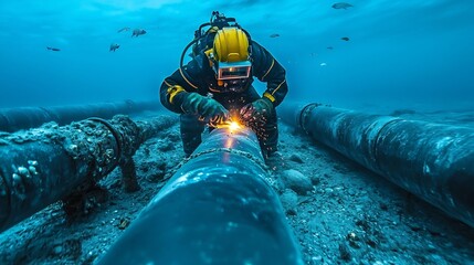 A dramatic image showcasing an underwater welder finishing a critical gas pipeline installation as diverse marine life floats nearby in the deep blue ocean environment