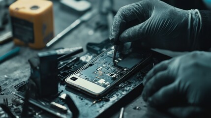 Smartphone Repair Process with Tools and Gloved Hands