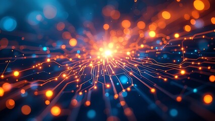 Naklejka premium Abstract tech background made of printed circuit board. Depth of field effect and bokeh. internet connections, cloud computing and neural network, big data. 3D render