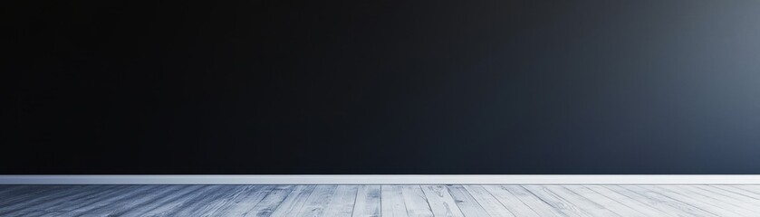 Simple empty room featuring a dark black wall, white baseboard, and light wooden flooring, creating a modern minimalist aesthetic.