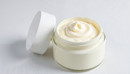Open jar of cream on a white background, moisturizing skincare product, perfect for daily use
