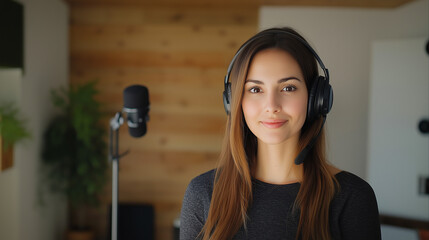 Professional woman using safe video conferencing tips with headphones and microphone in a cozy wooden studio setup for remote communication