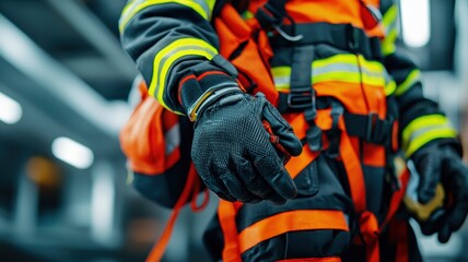 Close-up of a rescue worker wearing high-visibility protective gear and gloves, symbolizing safety, preparedness, and emergency response.