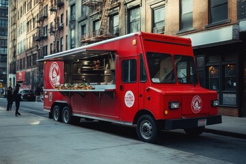 Red Food Truck on Urban Street Scene