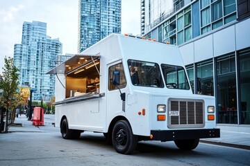 Food Truck on Urban Street with Modern Buildings