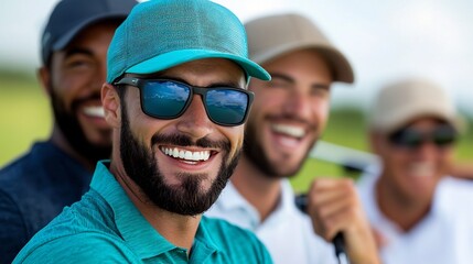 A group of friends laughing and celebrating after a successful golf shot on the green capturing the social and joyful side of the sport in a warm natural outdoor setting