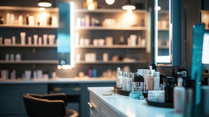 Fototapeta premium beauty salon interior, modern decor, makeup stations and skincare products, inviting atmosphere