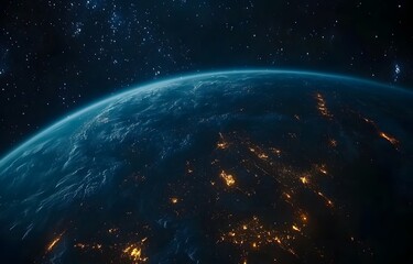 Obraz premium Earth at night from space, city lights glowing against the dark ocean.