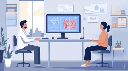 A man and a woman are sitting at a desk in front of a computer monitor