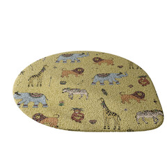 A yellow and brown animal rug with a variety of animals on it