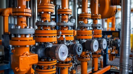 Close up shot of the complex network of industrial machinery pipelines and control systems on the deck of an offshore energy production platform