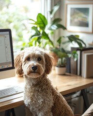 pet friendly workspace ,Cozy Pet-Friendly Office Vibes Dog sitting on a desk with plants nearby. Workspace Harmony with Pets
