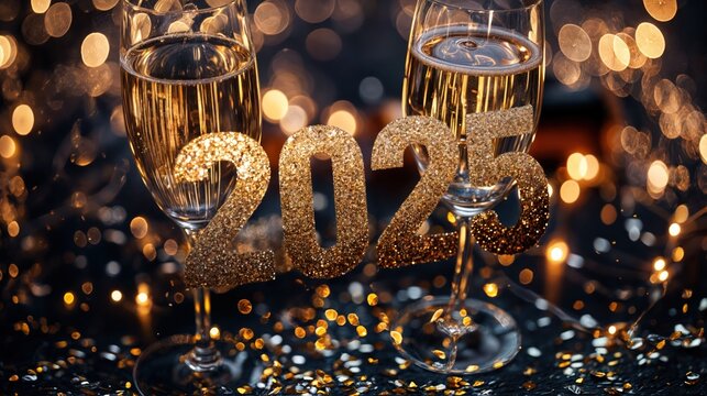 Golden 2025 New Year decor with sparkling champagne glasses and festive bokeh lights

