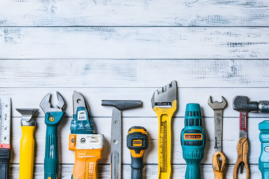 Flatlay of various hand tools and power tools arranged on a rustic white wooden background, ideal for DIY, home improvement, and construction concepts.