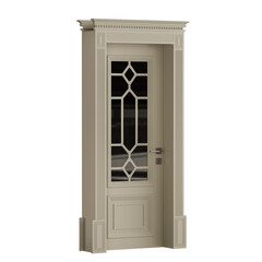 A white door with a glass window and a black handle