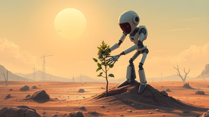 A futuristic robot planting a tree in a barren landscape illustration. Generative AI