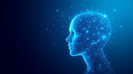 Realistic 3d man head polygonal skin. Abstract lines, triangles and particle style design.