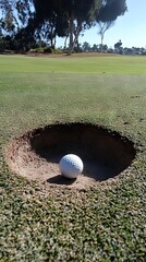 Golf Ball In Sand Trap On Green Grass