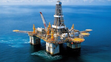 Dramatic aerial perspective showcasing a large offshore oil drilling platform surrounded by serene blue waters